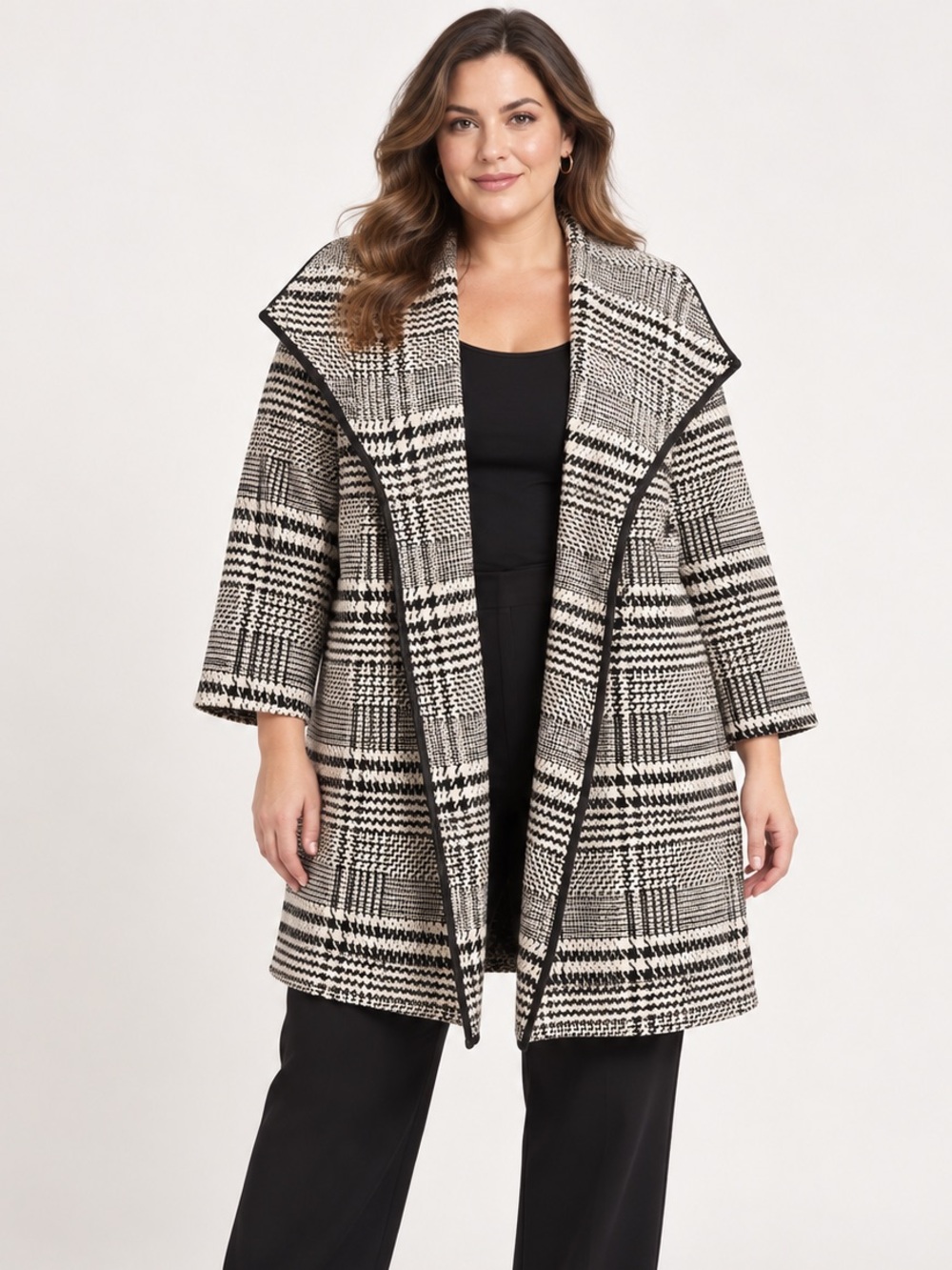 NY & Company Black Ivory Plaid Waterfall Coat L/XL